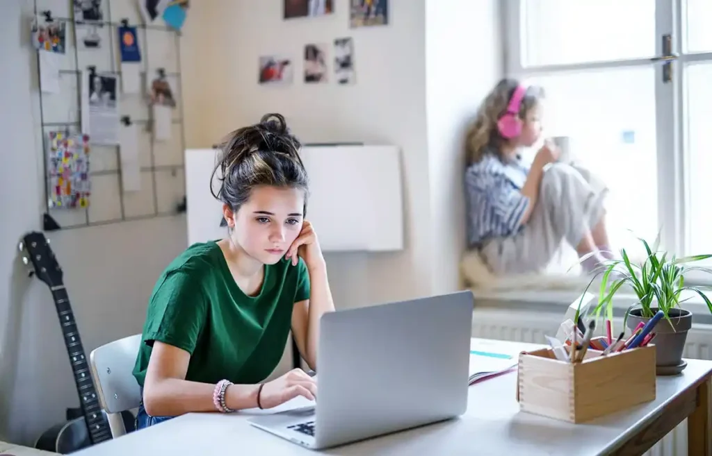 beautiful teenager wearing green shirt not in the mood