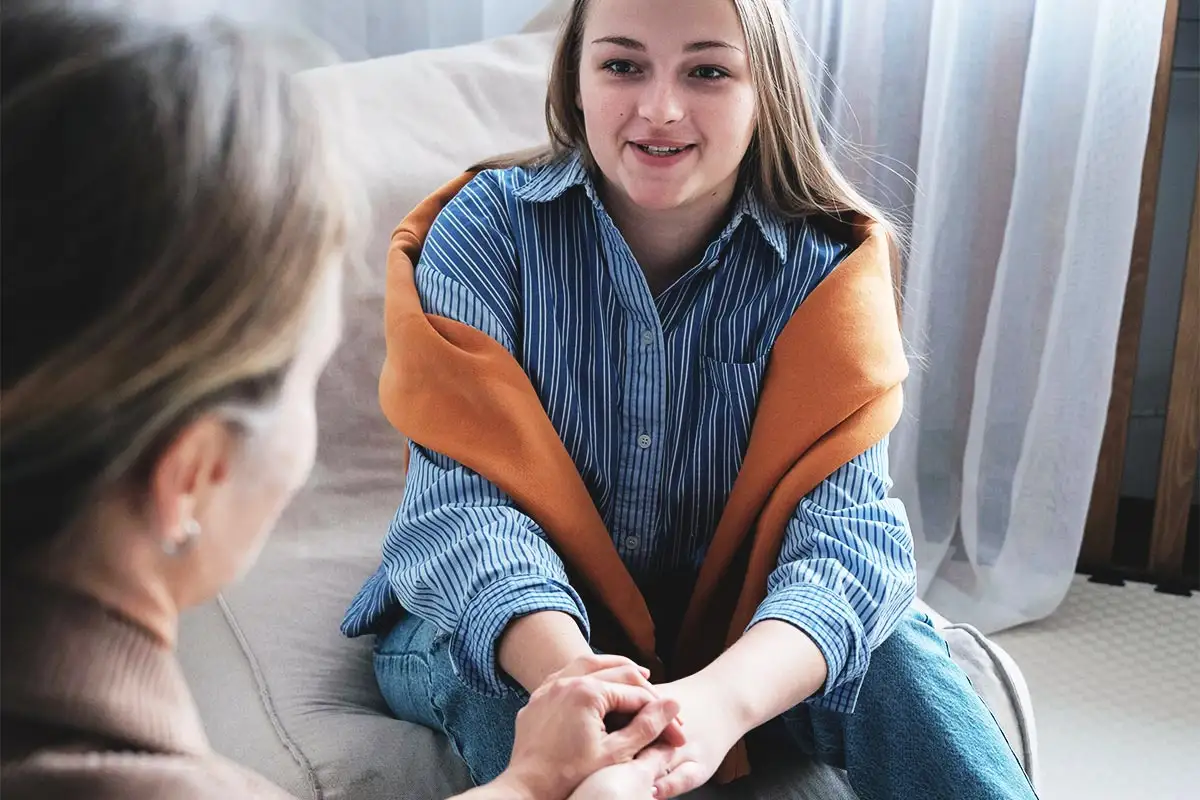 female client wearing blue blouse during an individual therapy in Los Angeles California