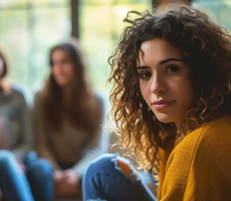 woman looking at the camera during group therapy session in california