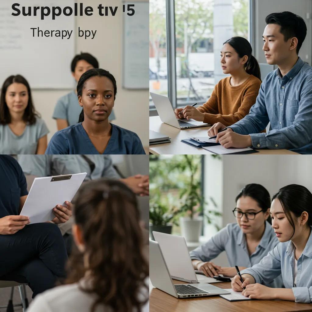 Contrasting scenes of group therapy and daily life illustrating IOP benefits