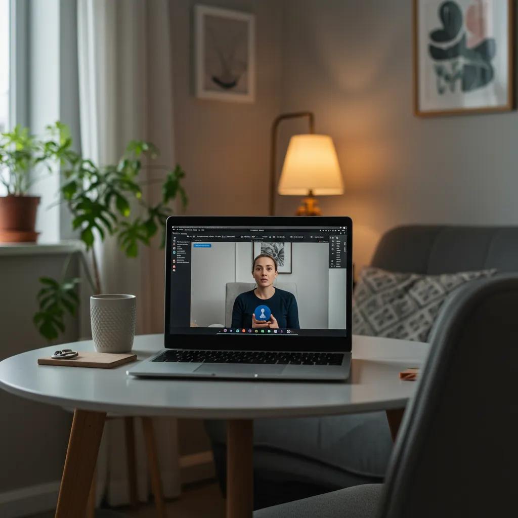 Cozy home office setup for online mental health IOP with laptop and calming decor