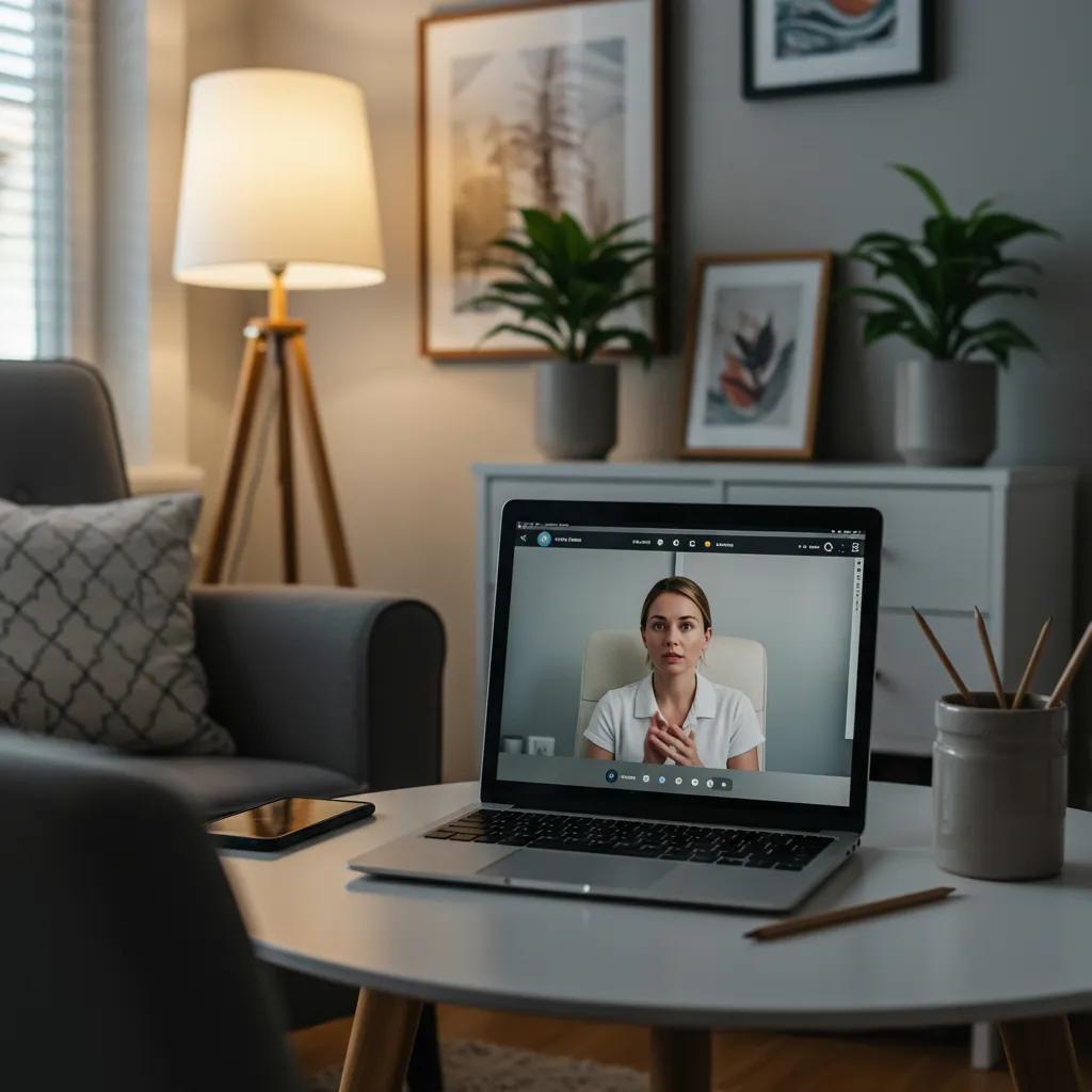 Cozy home office with a laptop for telehealth sessions, symbolizing online IOP mental health support