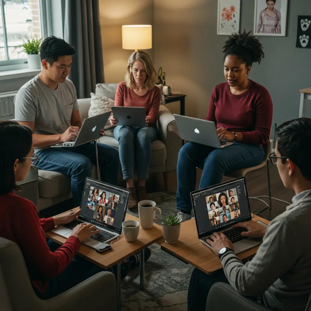 Diverse group engaged in virtual addiction recovery session, showcasing community support in telehealth