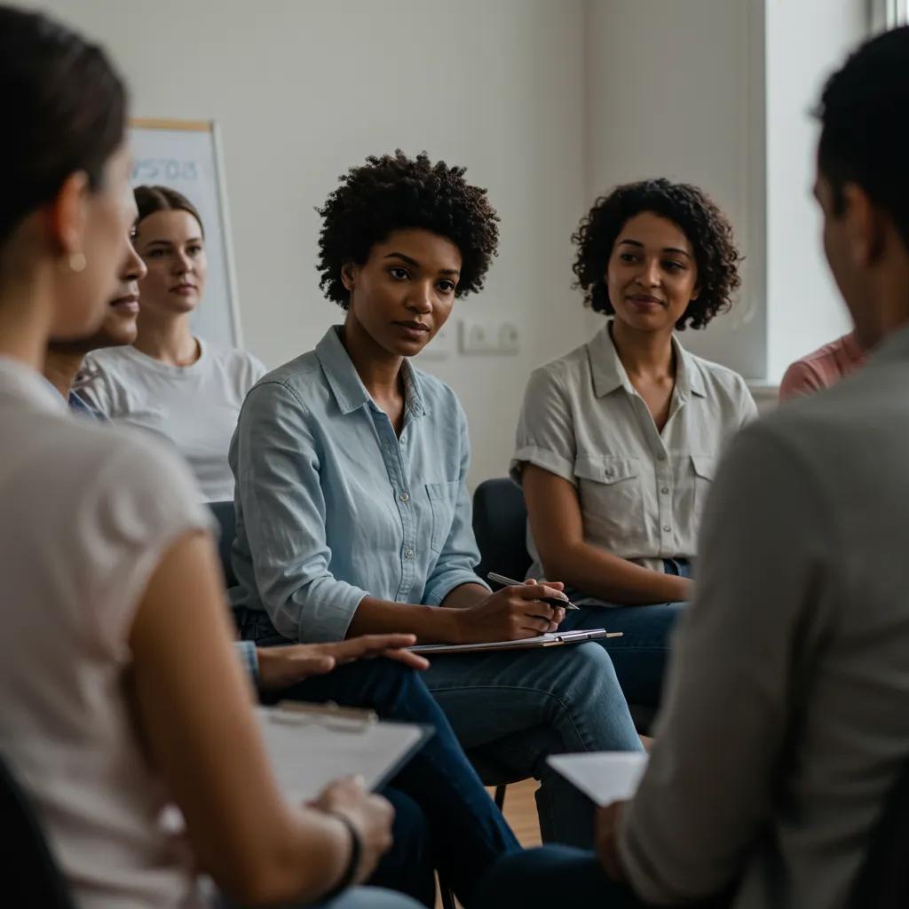 Diverse group therapy session illustrating mental health conditions treated in IOP