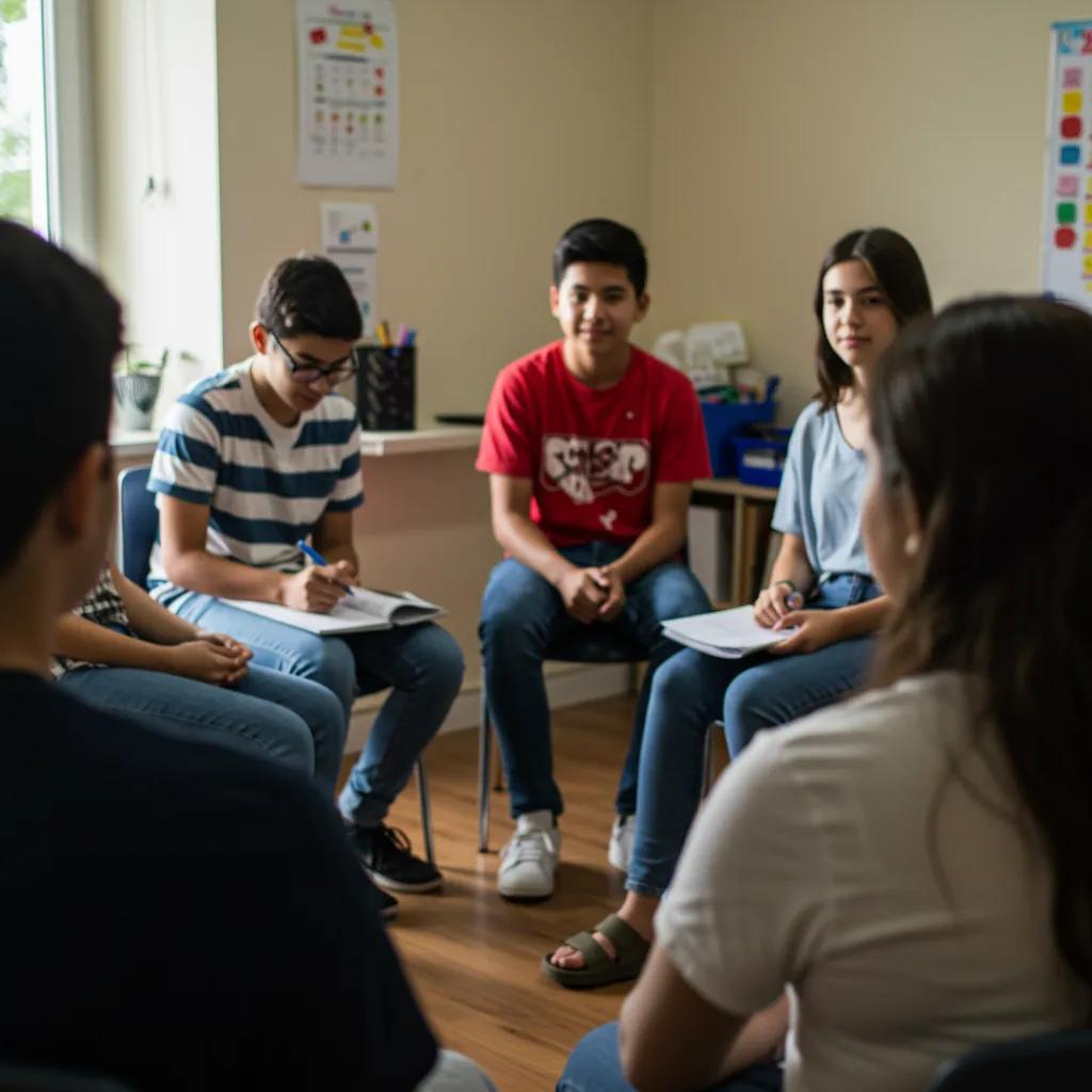 Group therapy session for teens focusing on mental health support and connection