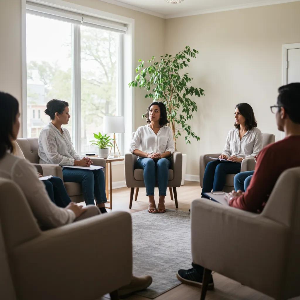 Group therapy session in a bright room, showcasing supportive interactions among participants