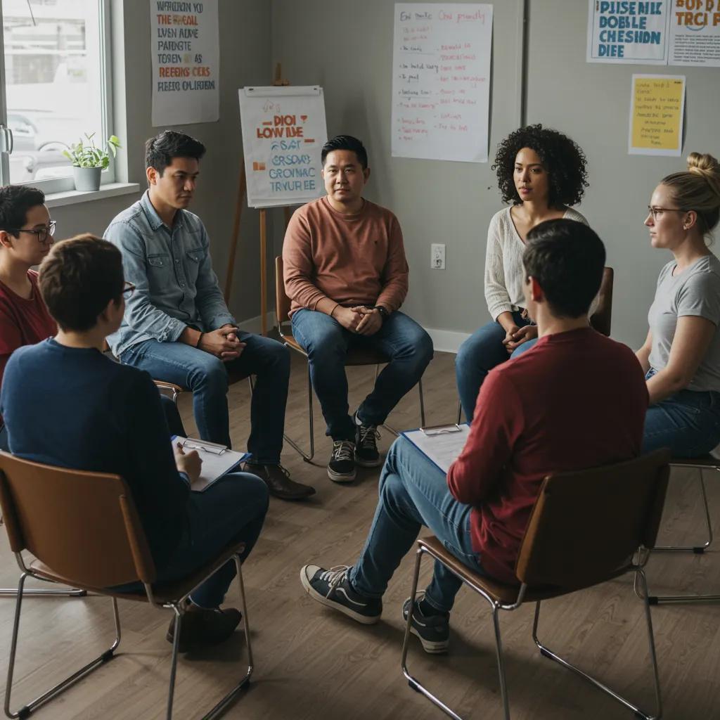 Group therapy session in a mental health IOP, showcasing participants engaged in discussion and support