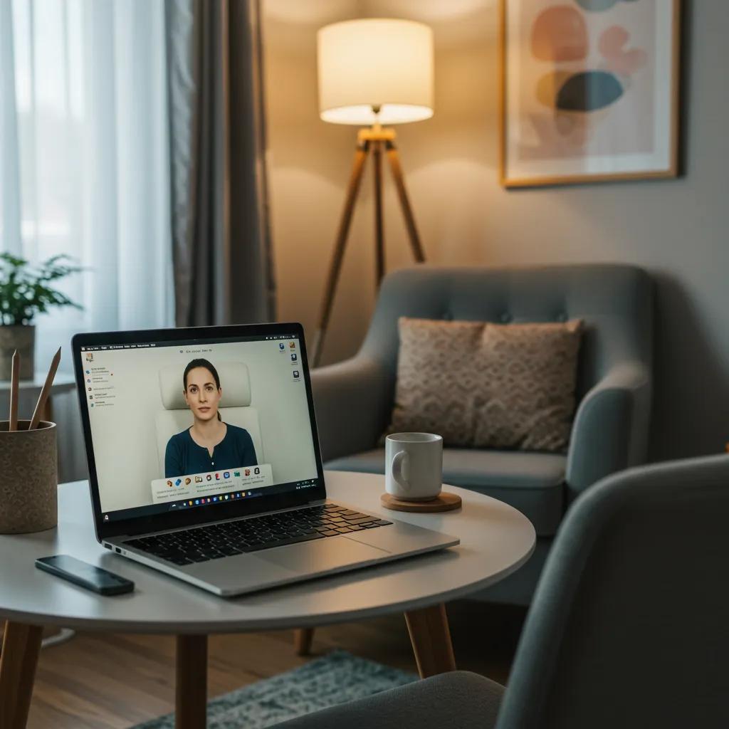 Home office setup for virtual mental health sessions with a laptop and calming decor