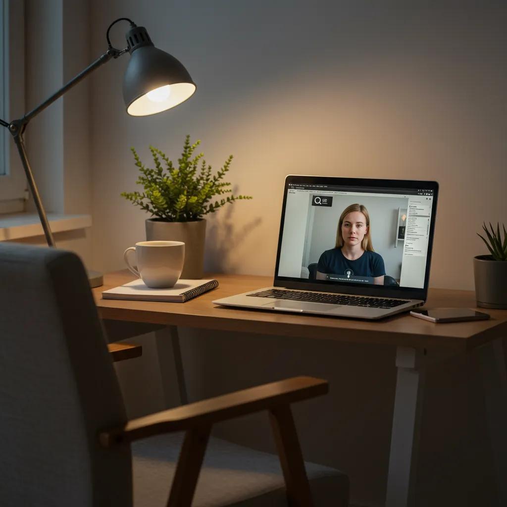 Home office setup for virtual mental health therapy session with laptop, plant, and cozy ambiance