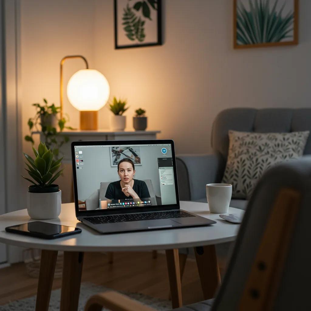 Home office setup for virtual mental health therapy with a laptop and calming decor