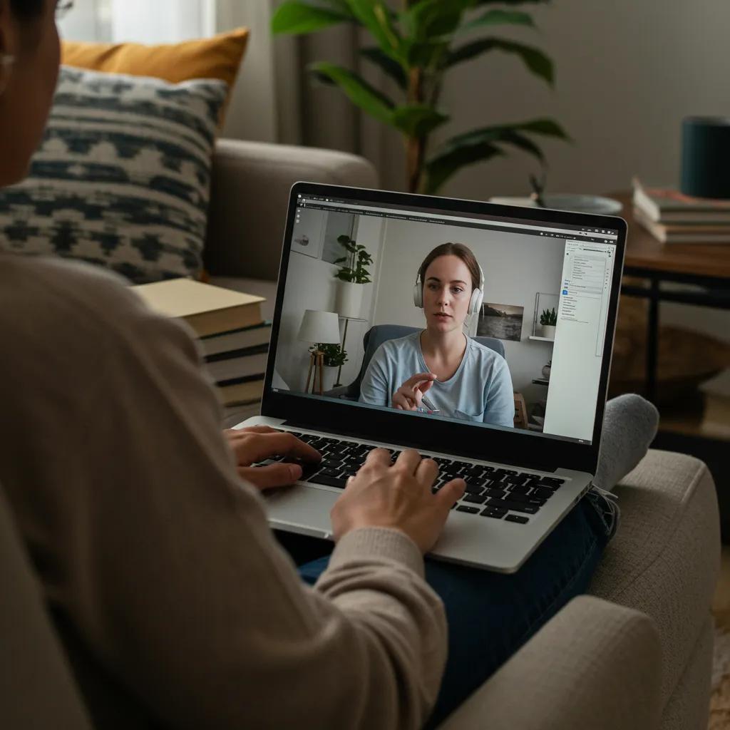 Individual engaged in a virtual mental health IOP session from home
