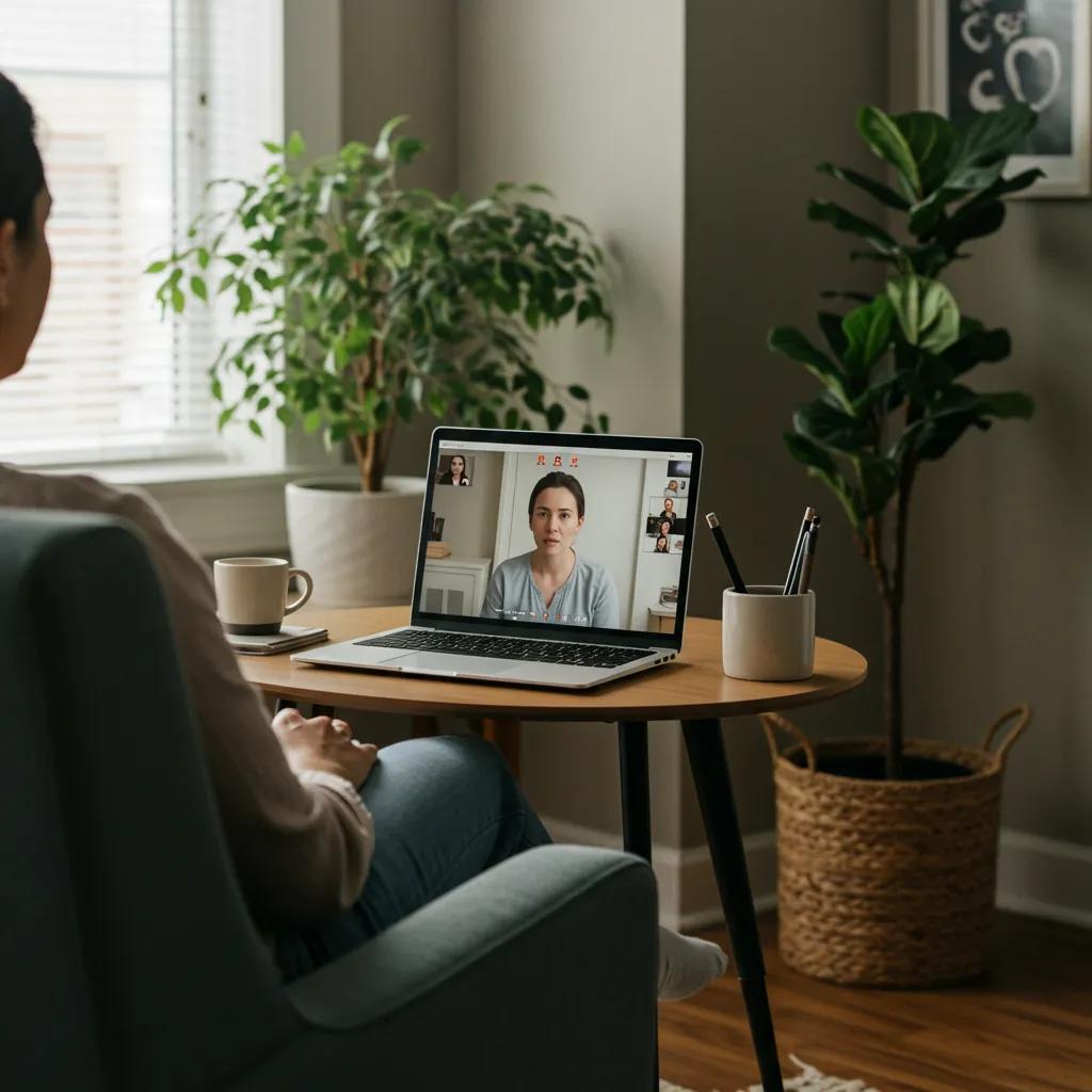 Individual participating in a virtual IOP session from a home office