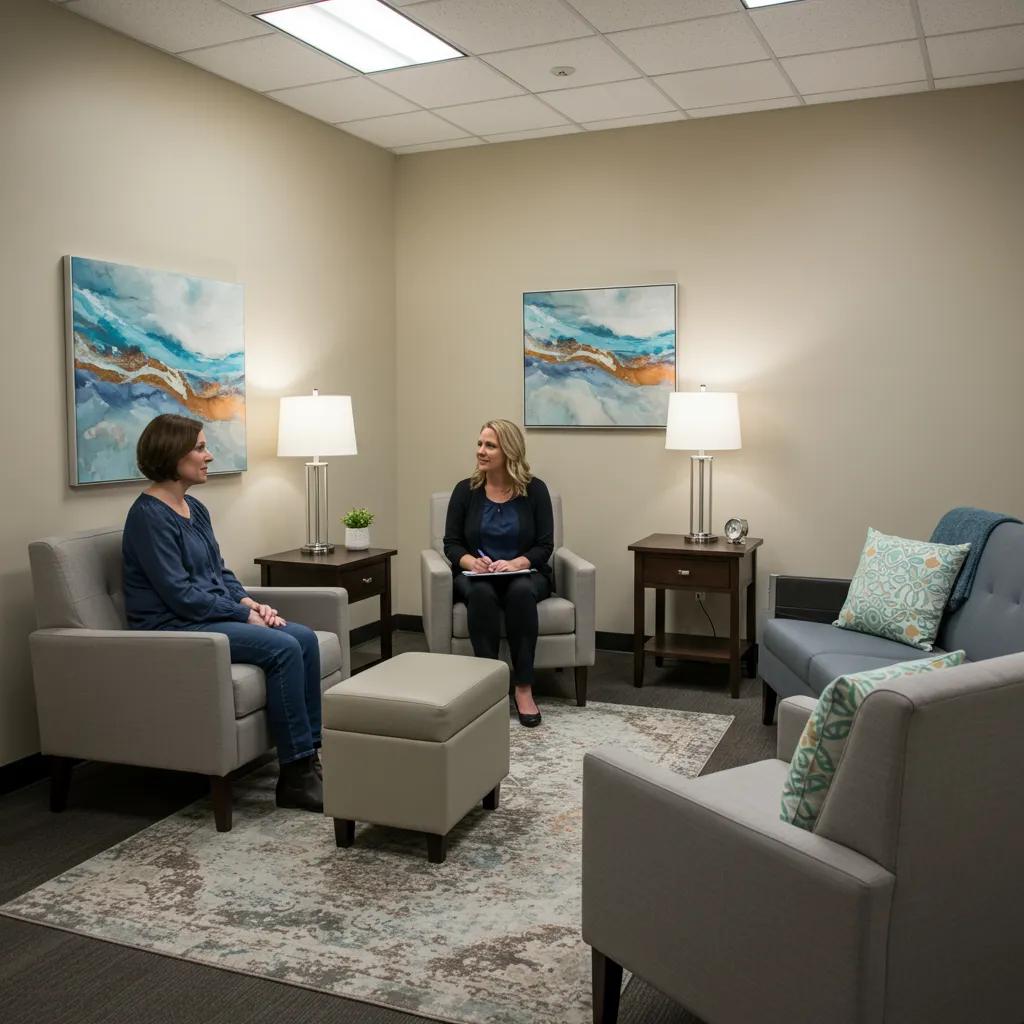 Mental health therapy room with therapist and patient, emphasizing supportive care