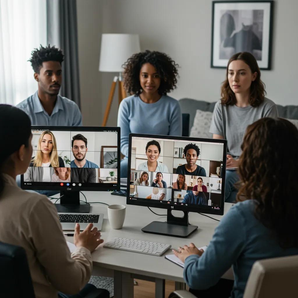 Participants engaged in a virtual group therapy session for mental health IOP
