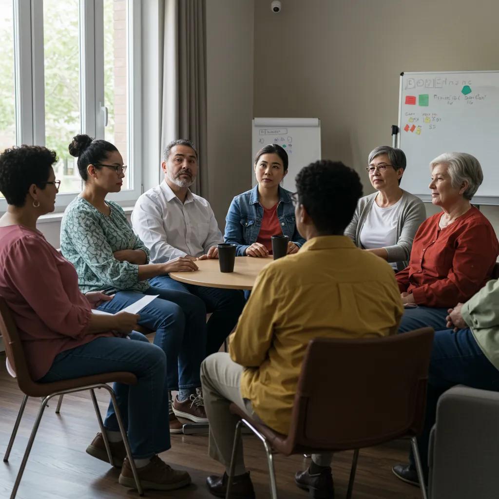 Peer support group meeting in a community center for adults seeking mental health resources