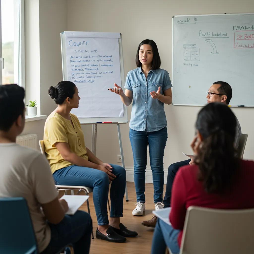 Therapist leading a cognitive behavioral therapy group session with engaged participants