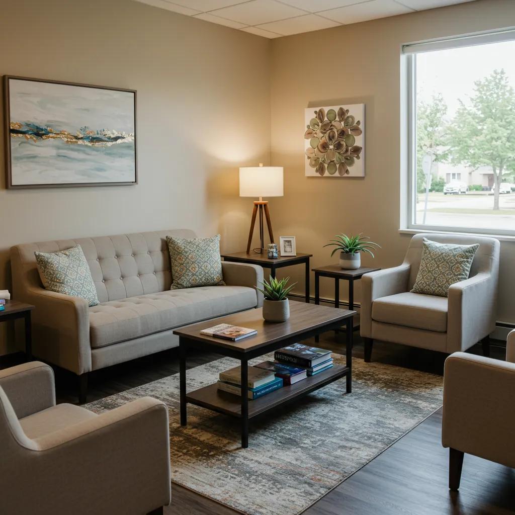 Therapy room designed for mental health intensive outpatient programs, featuring comfortable seating and calming decor