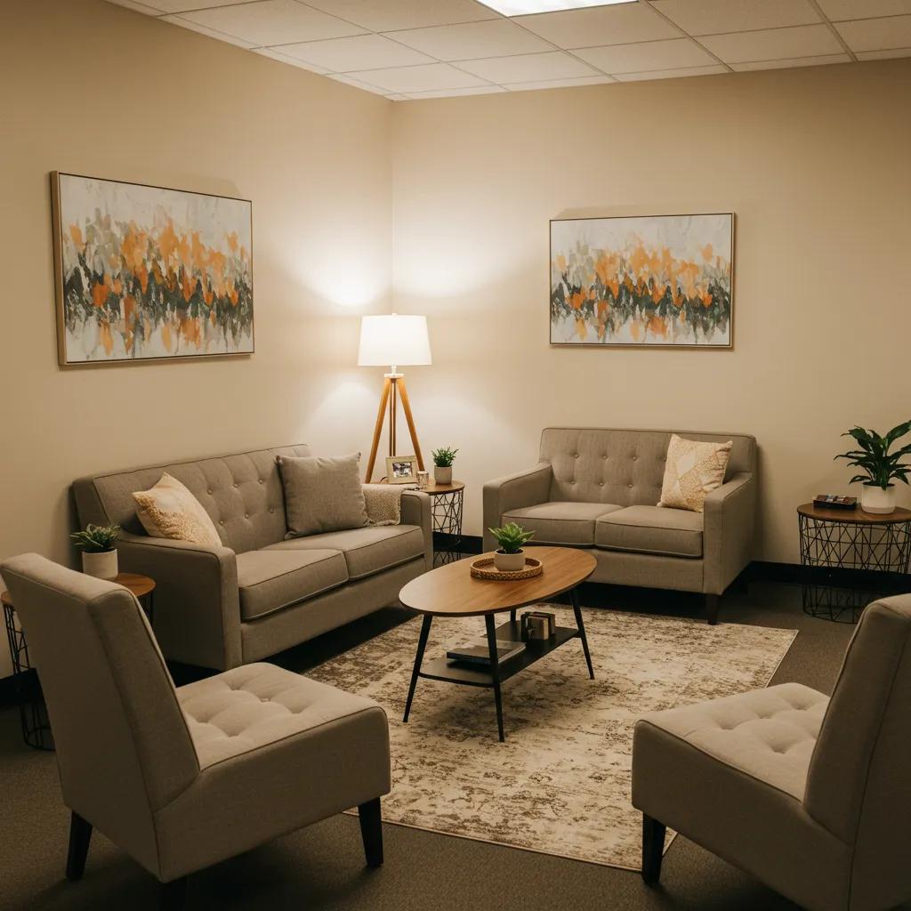 Therapy room designed for mental health recovery with comfortable seating and calming decor
