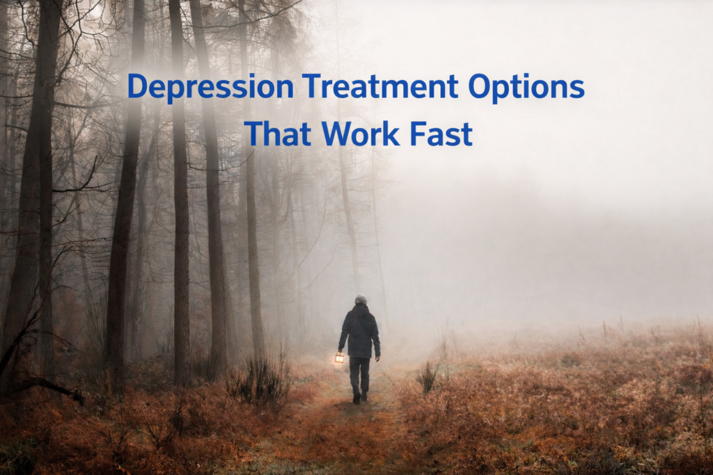 Depression treatment options that work fast visual with person walking alone in foggy forest symbolizing emotional struggle and recovery