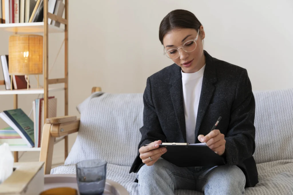 A licensed clinician documenting a patient's progress in a virtual mental health program featuring individual and group therapy.
