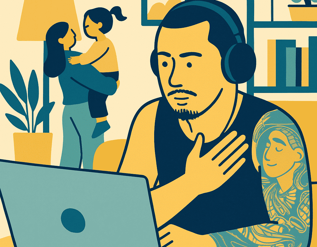 Man on a virtual iop call from house in Santa Ana, CA.